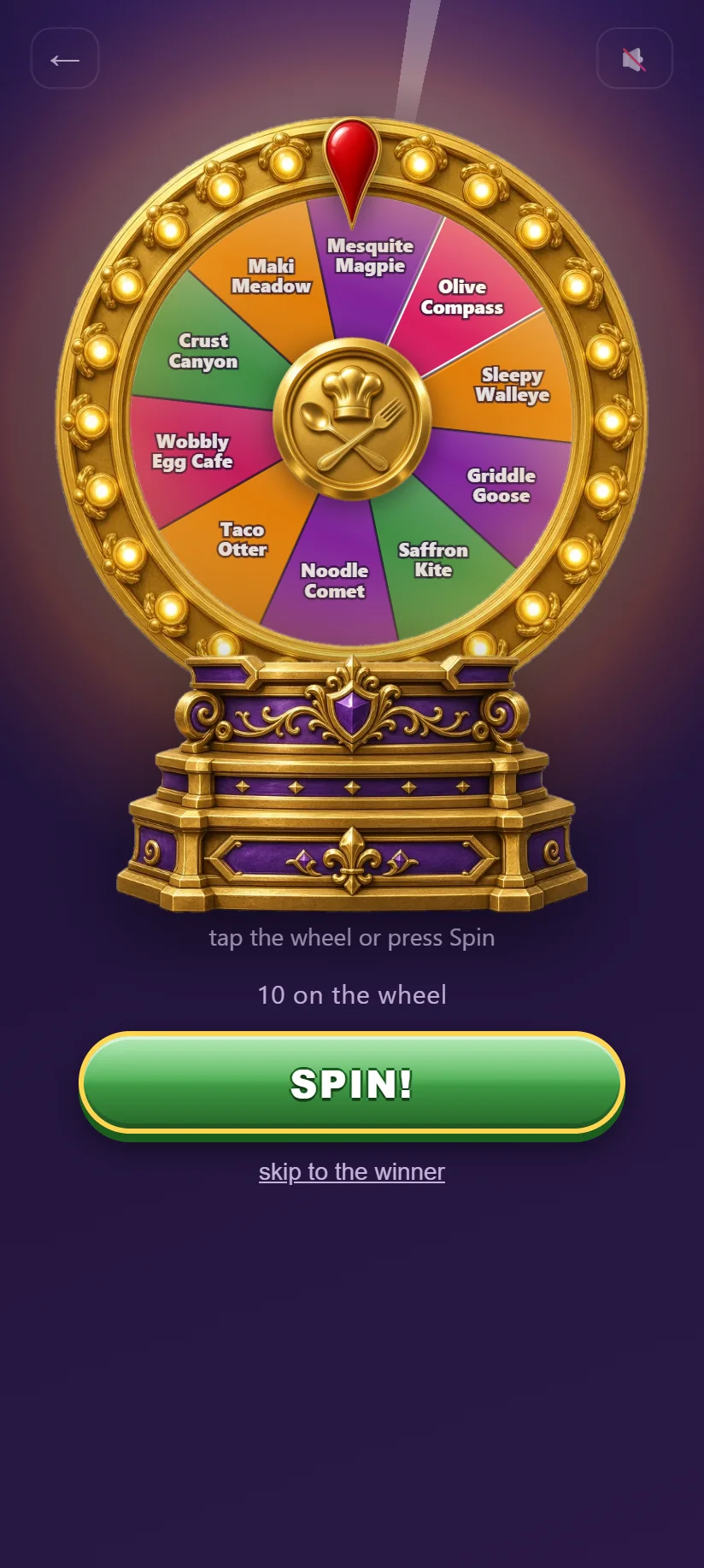The Full Round wheel with ten places, ready to spin.